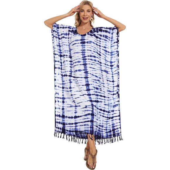 Women Tie Dye Caftan Maxi Dress Plus Size V-Neck Rayon Loungewear Casual - Picture 4 of 9